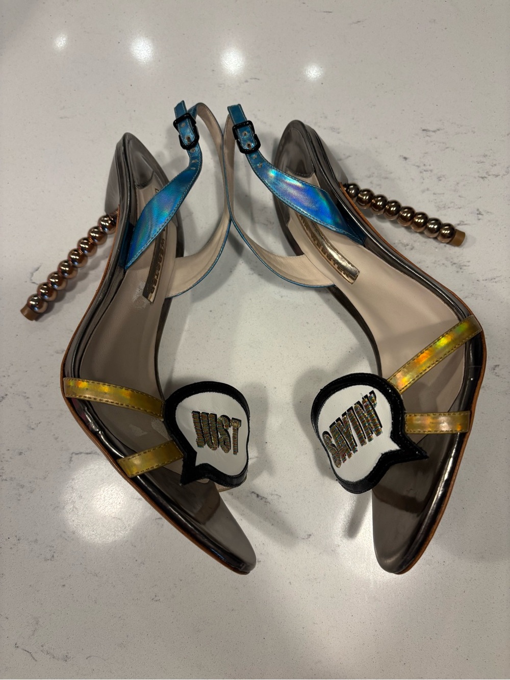 Sophia Webster Just Sayin' Metallic
Leather Word Bubble Sandals Y2K